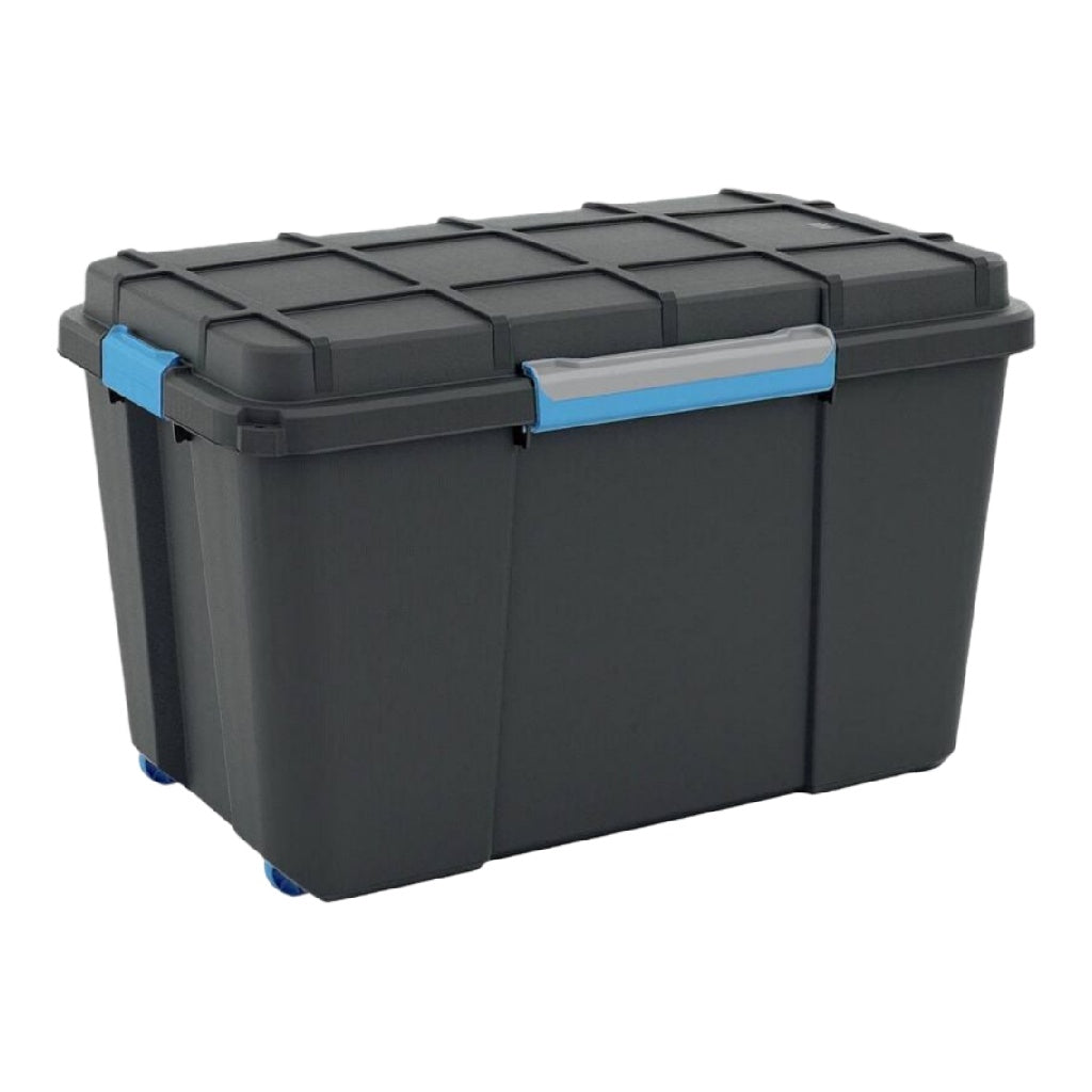 Boîte de rangement en plastique, grande capacité, avec couvercle, poignées bleues et roulettes