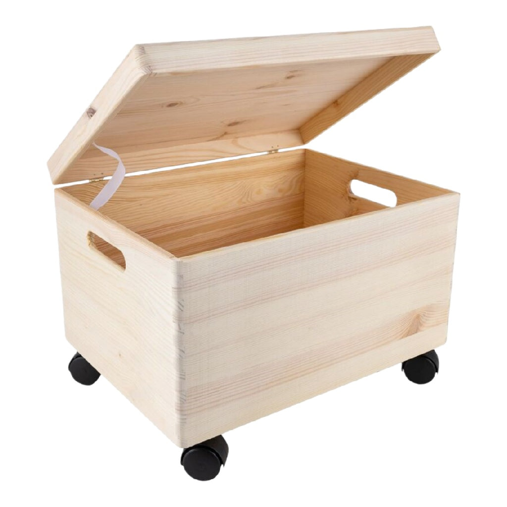 Boîte de rangement en bois avec couvercle et roulettes, design simple